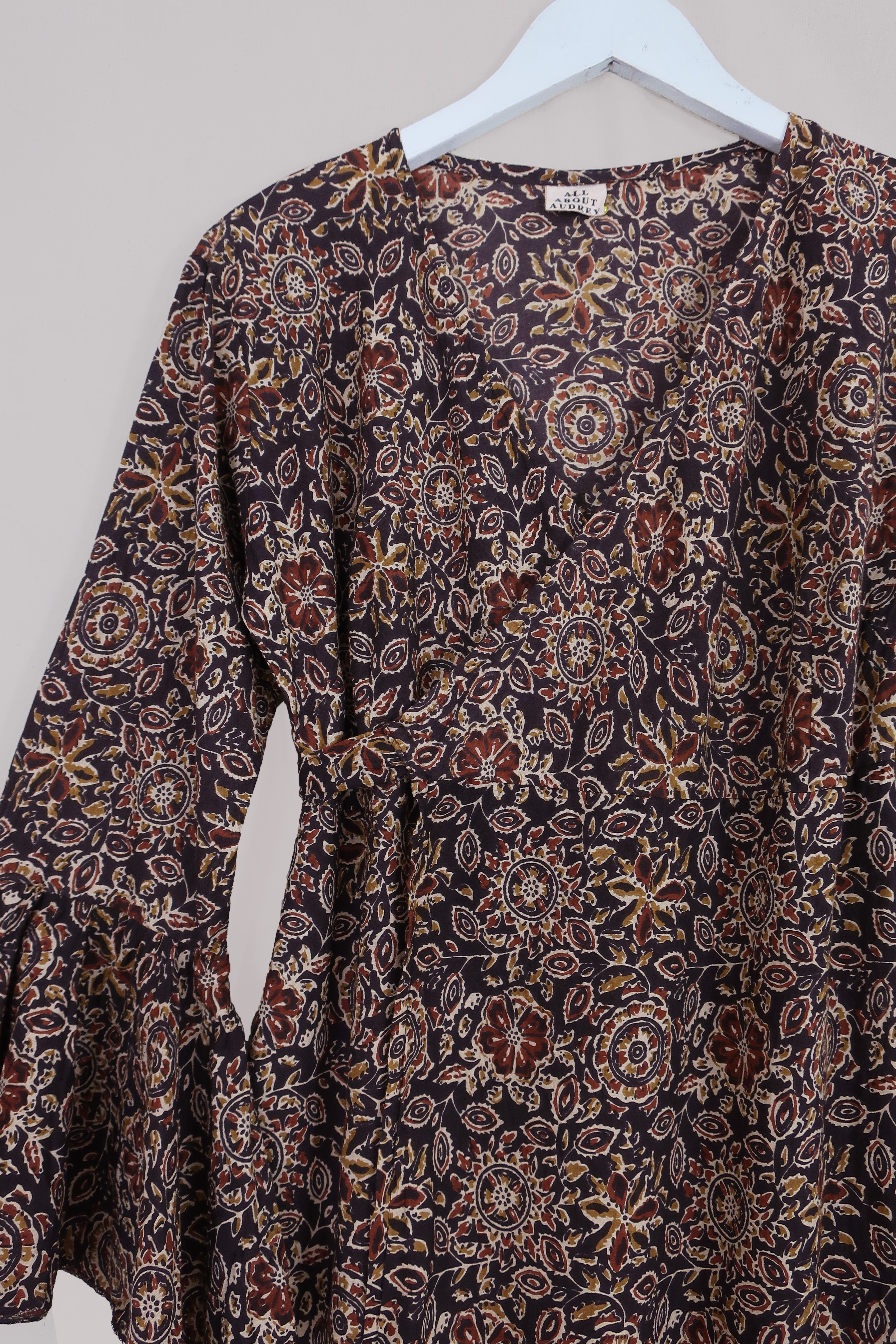 Sylvia Maxi Wrap Dress in Umber Brown Block Print Floral by all about audrey