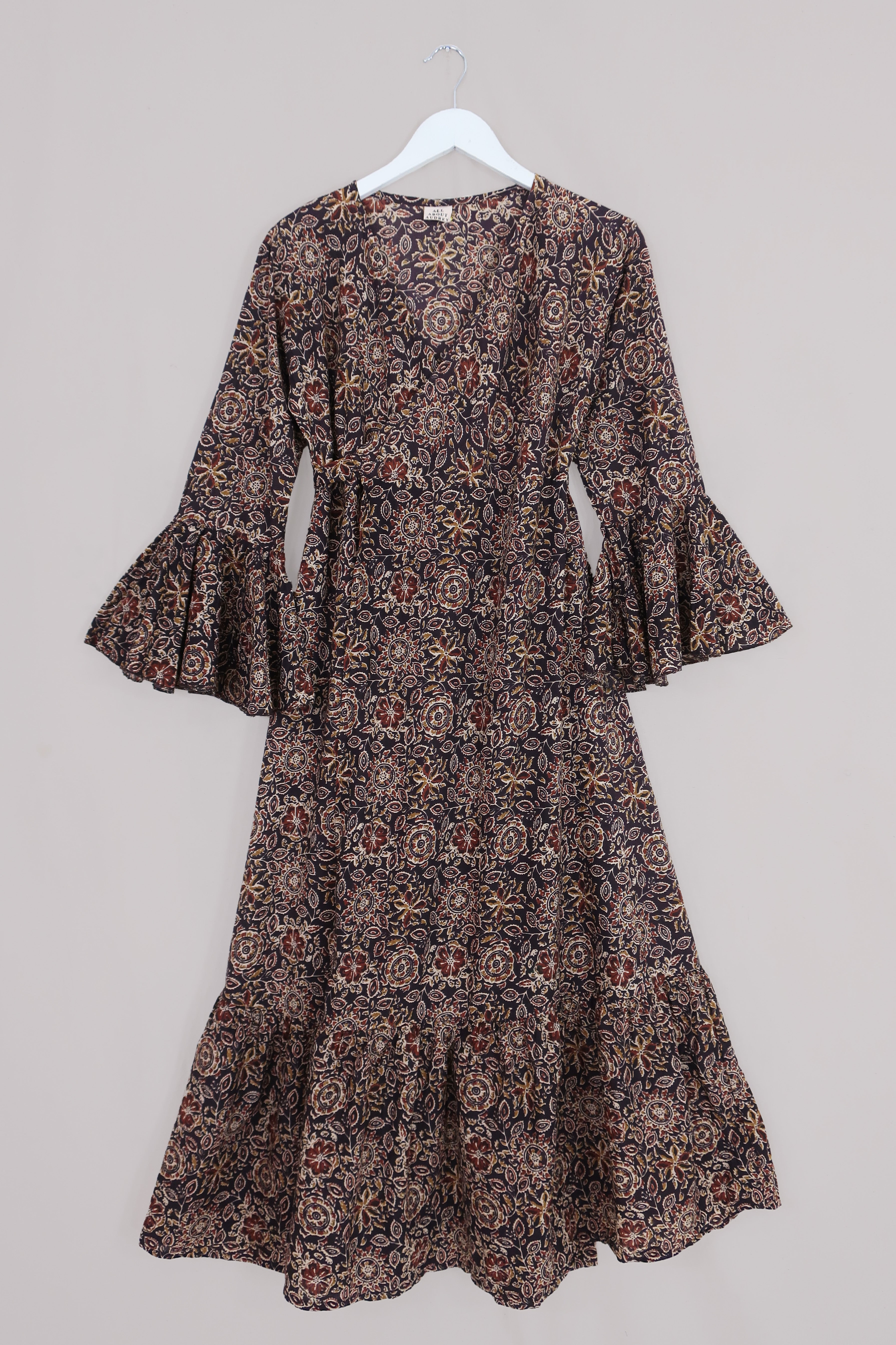 Sylvia Maxi Wrap Dress in Umber Brown Block Print Floral by all about audrey