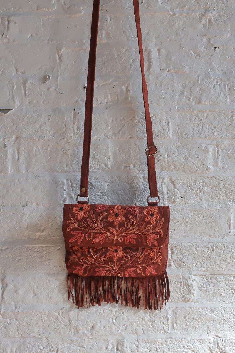 Zelda Embroidered Suede Saddle Bag in Cocoa & Caramel Flowers