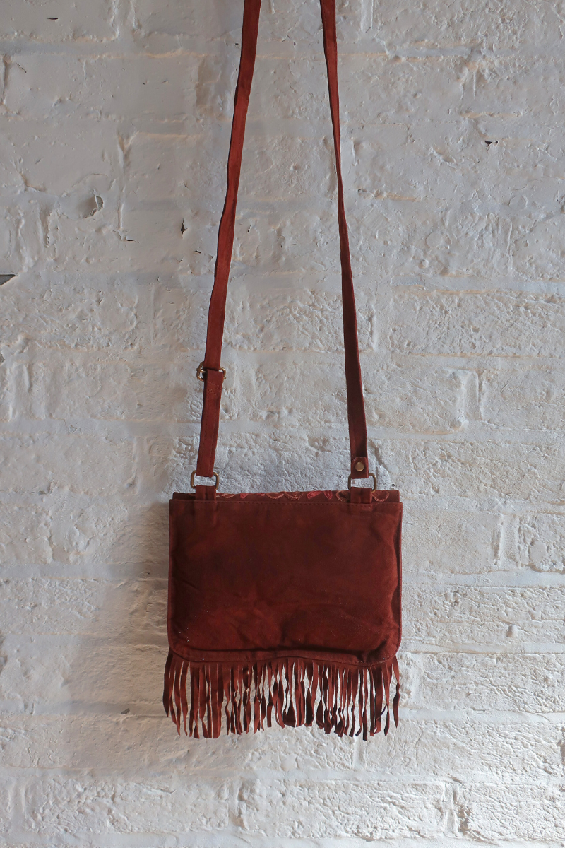 Zelda Embroidered Suede Saddle Bag in Cocoa & Caramel Flowers