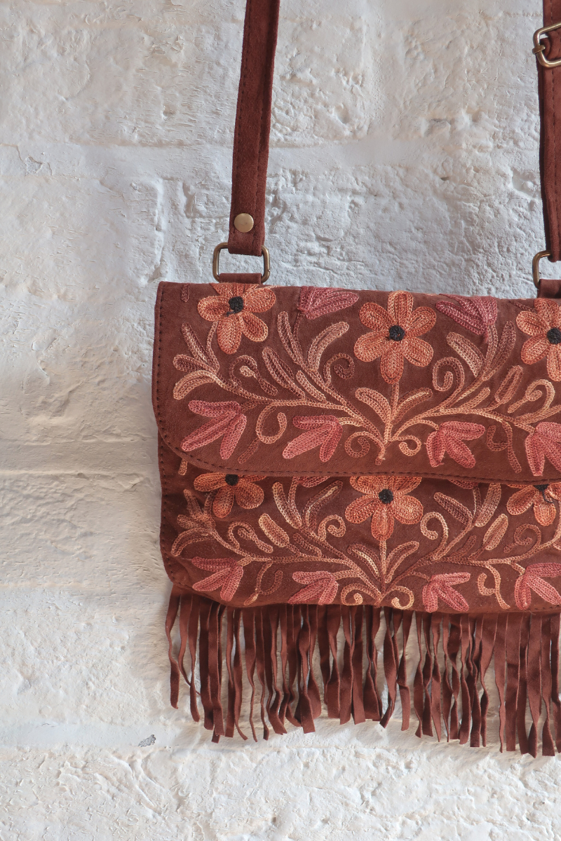 Zelda Embroidered Suede Saddle Bag in Cocoa & Caramel Flowers