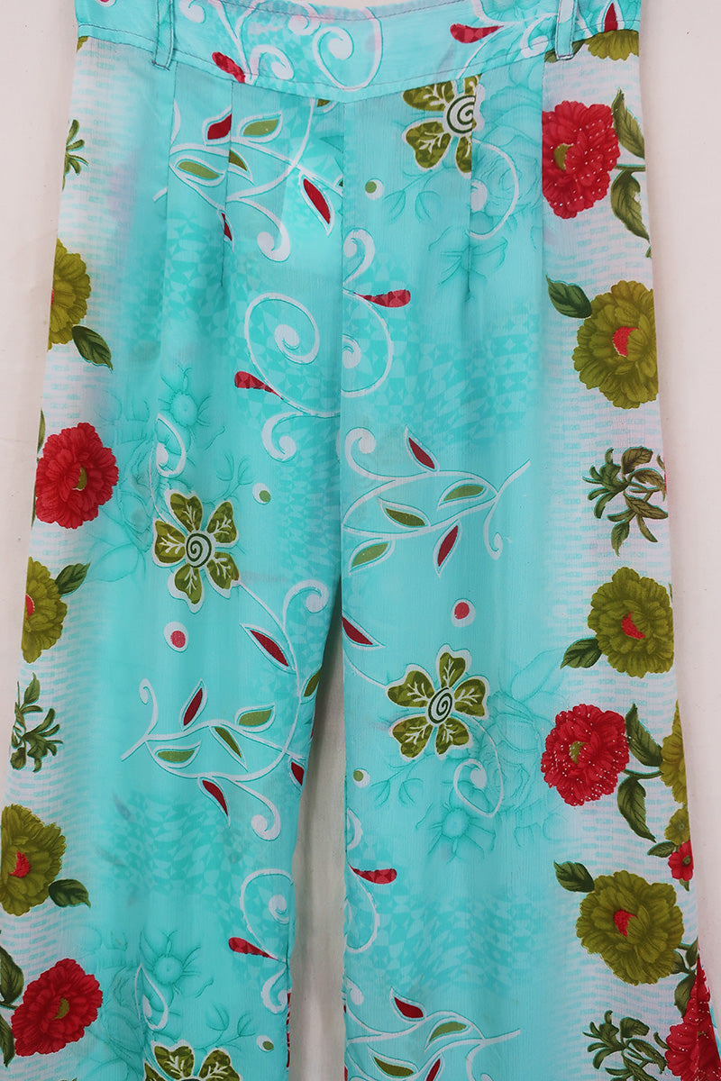 Tandy Wide Leg Trousers - Vintage Sari - Turquoise Trailing Floral - Free Size S/M by All About Audrey