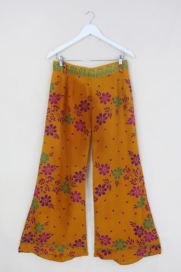 Tandy Wide Leg Trousers - Vintage Sari - Turmeric Teal & Purple - Free Size M/L by All About Audrey