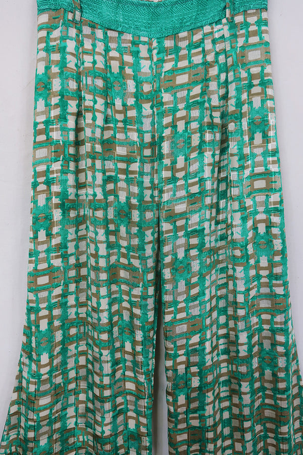Tandy Wide Leg Trousers - Vintage Sari - Emerald & Taupe - Free Size S/M by All About Audrey