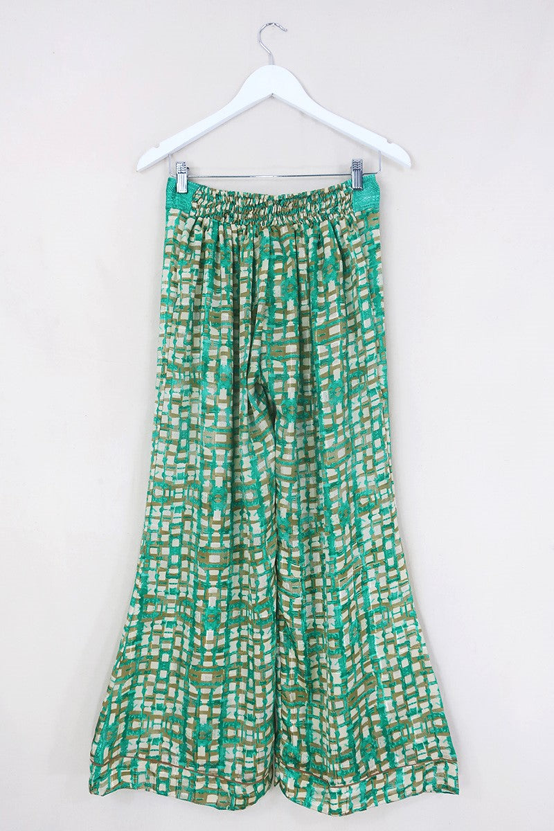Tandy Wide Leg Trousers - Vintage Sari - Emerald & Taupe - Free Size S/M by All About Audrey