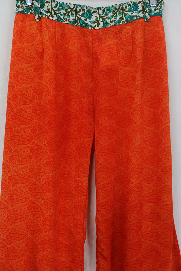 Tandy Wide Leg Trousers - Vintage Sari - Retro Orange Paisley - Free Size M/L by All About Audrey