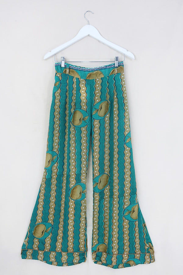 Tandy Wide Leg Trousers - Vintage Sari - Jade & Brass - Free Size S/M By All About Audrey