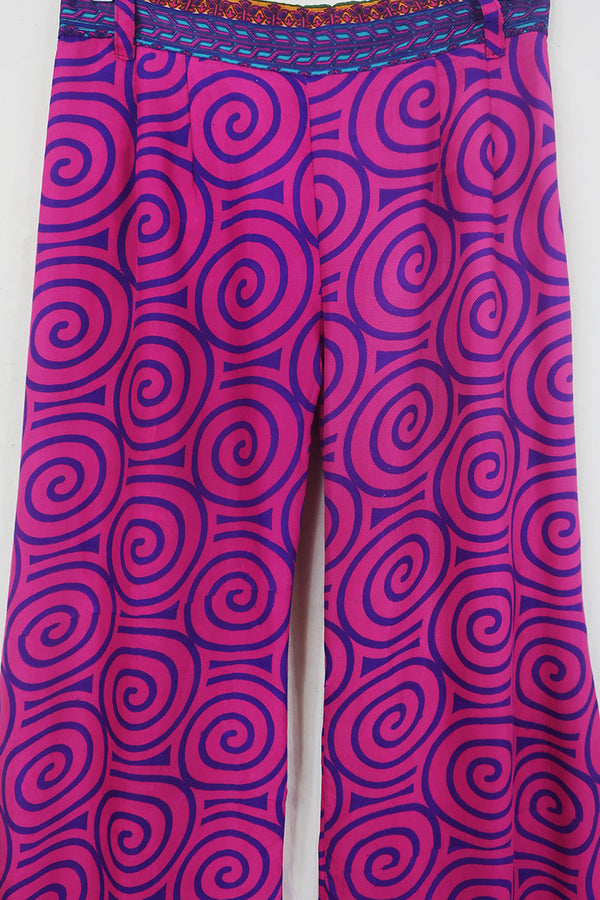Tandy Wide Leg Trousers - Vintage Sari - Cerise & Purple Swirl - Free Size M/L by All About Audrey