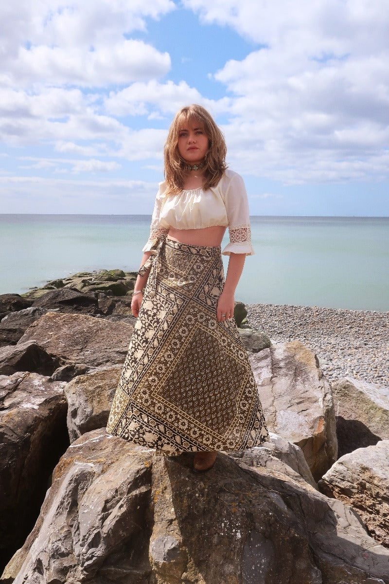 Emmylou Patchwork Wrap Skirt in Tarragon Green & Black By All About Audrey