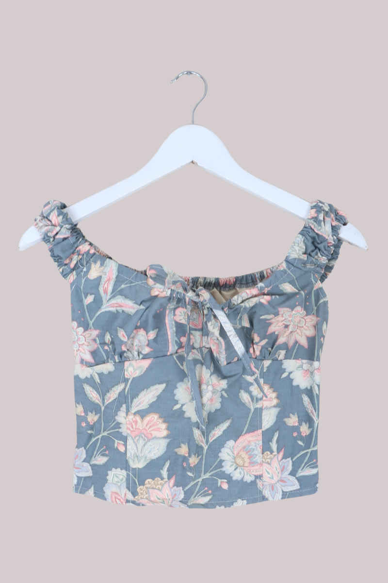 Taylor Vintage Curtain Bustier Crop Top in Earthy Blue Indian Poppies - Size XS