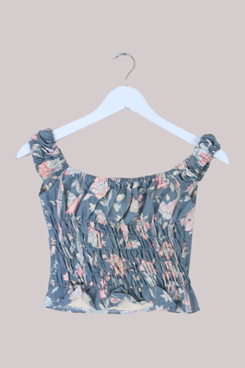 Taylor Vintage Curtain Bustier Crop Top in Earthy Blue Indian Poppies - Size XS