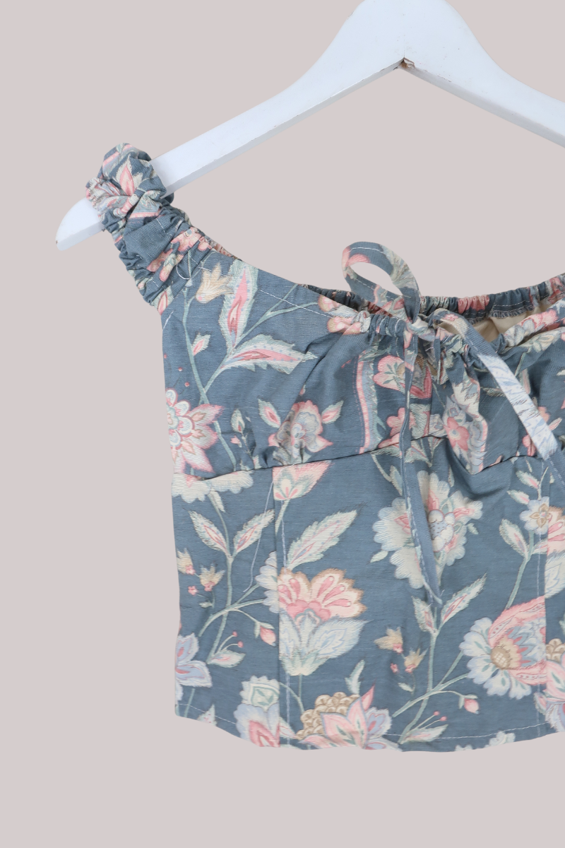 Taylor Vintage Curtain Bustier Crop Top in Earthy Blue Indian Poppies - Size XS