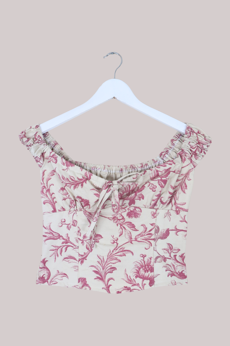 Taylor Vintage Curtain Bustier Crop Top in Off White & Rouge Pink Tudor Floral - Size S