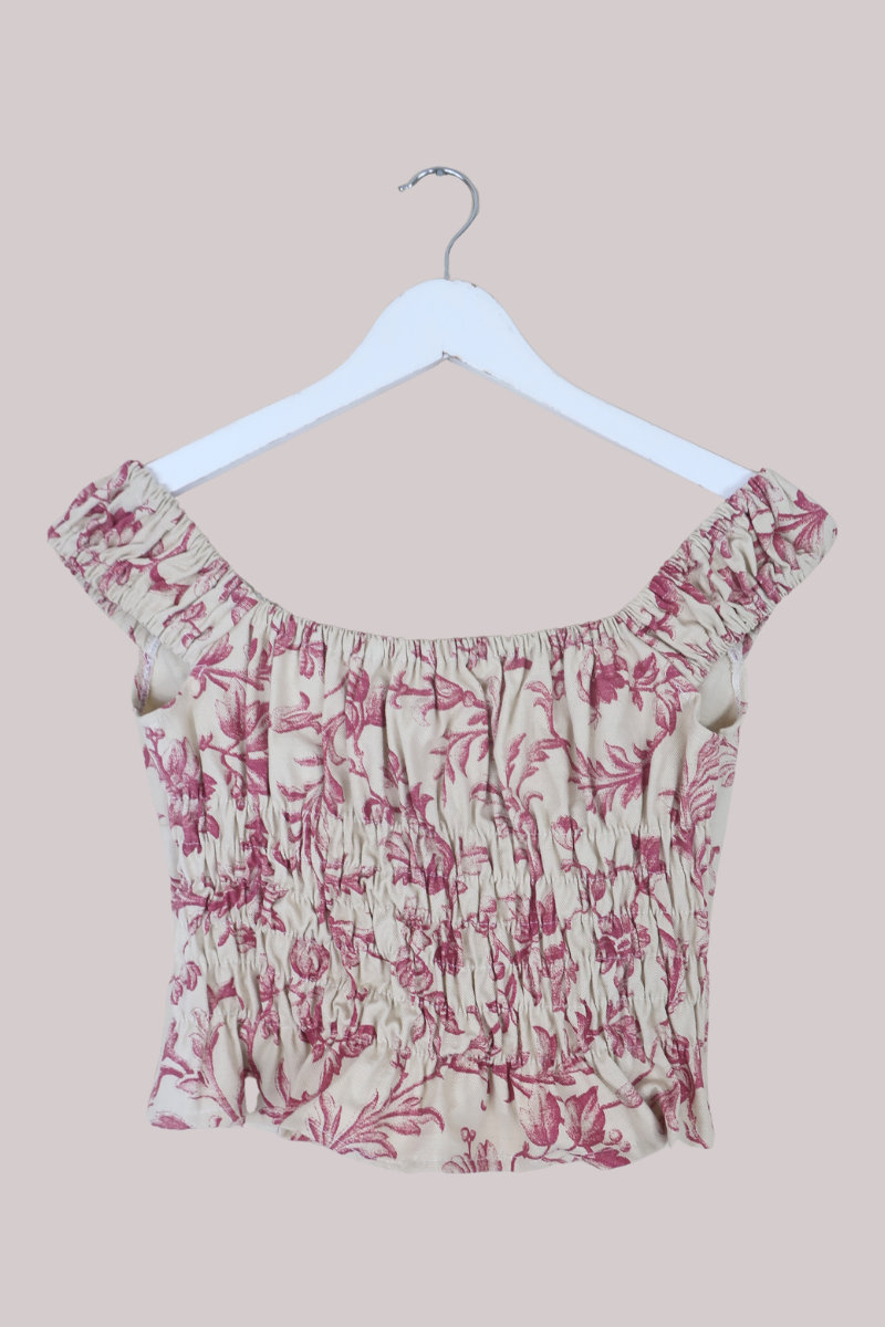 Taylor Vintage Curtain Bustier Crop Top in Off White & Rouge Pink Tudor Floral - Size S