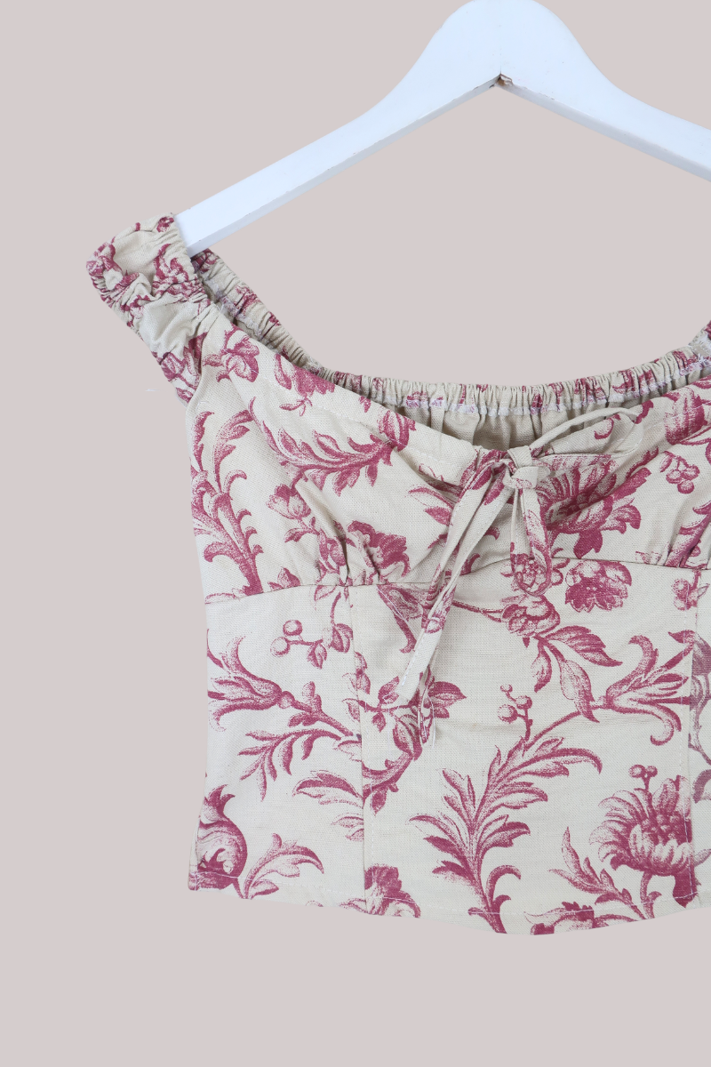 Taylor Vintage Curtain Bustier Crop Top in Off White & Rouge Pink Tudor Floral - Size S