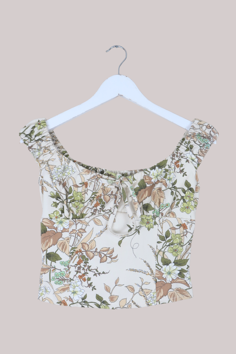 Taylor Vintage Curtain Bustier Crop Top in Ivory & Sage Florals - Size XS