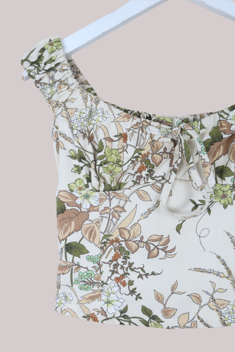 Taylor Vintage Curtain Bustier Crop Top in Ivory & Sage Florals - Size XS