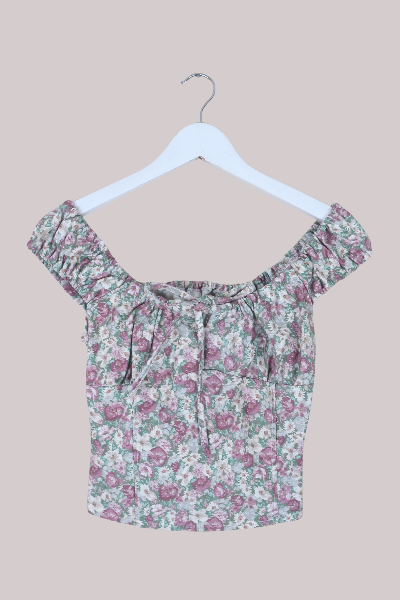 Taylor Vintage Curtain Bustier Crop Top in Muted Rouge Pink Floral - Size S