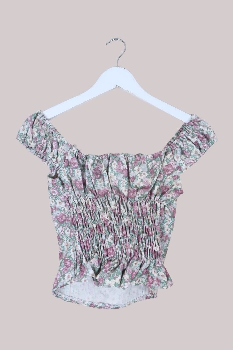 Taylor Vintage Curtain Bustier Crop Top in Muted Rouge Pink Floral - Size S