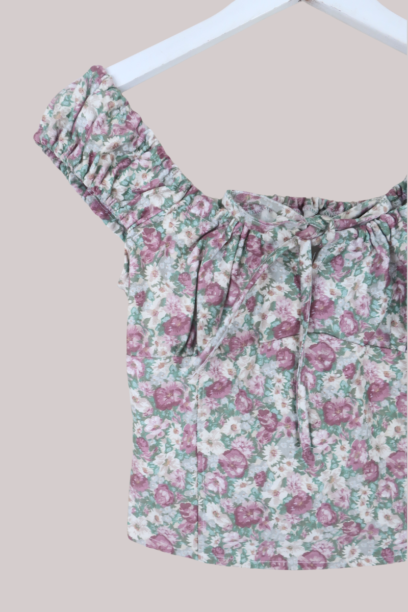 Taylor Vintage Curtain Bustier Crop Top in Muted Rouge Pink Floral - Size S