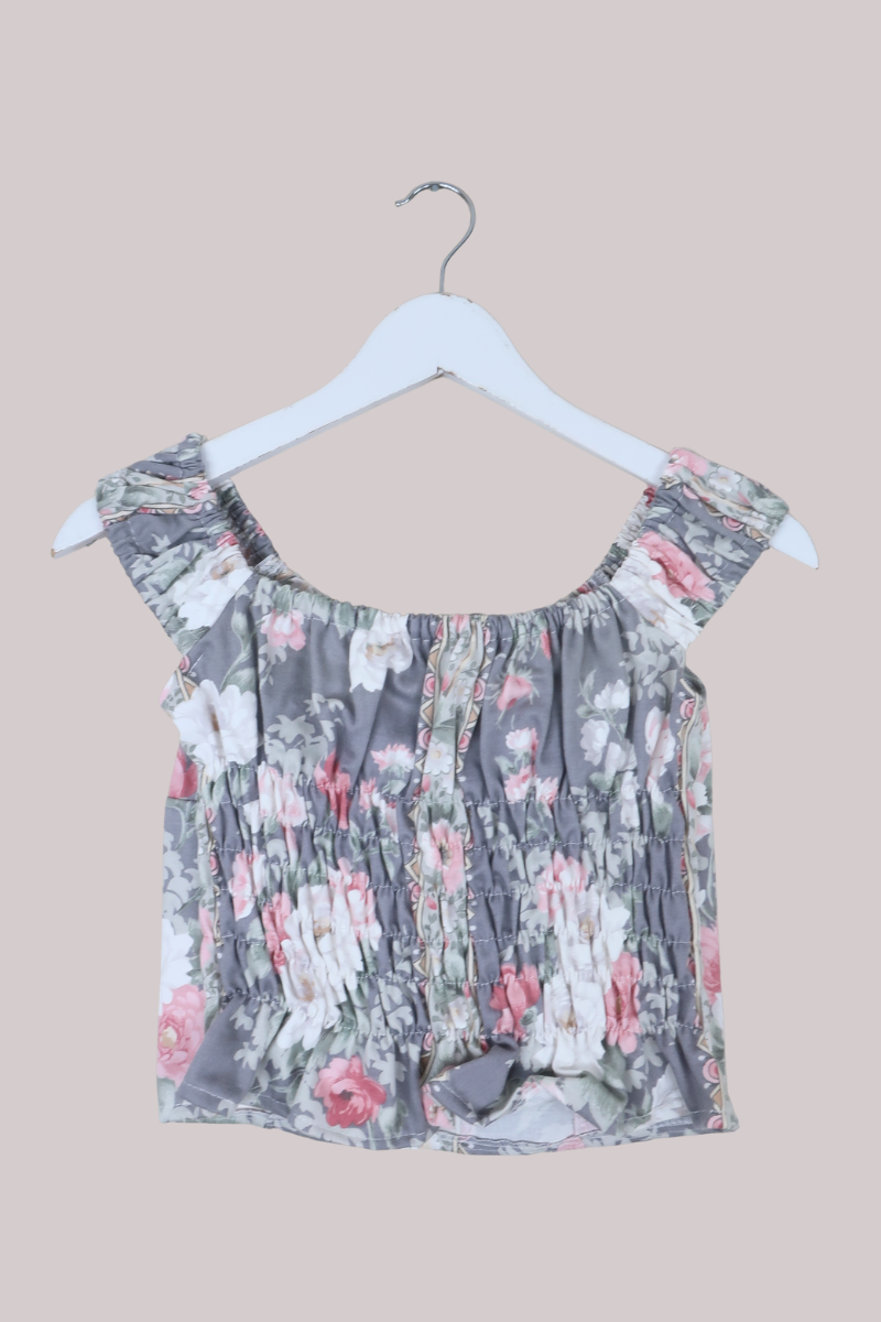 Taylor Vintage Curtain Bustier Crop Top in Luna Light Purple Peonies - Size S
