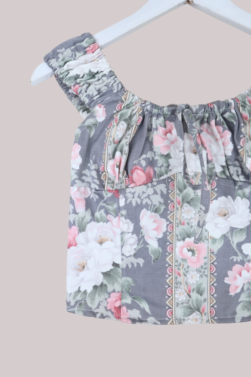 Taylor Vintage Curtain Bustier Crop Top in Luna Light Purple Peonies - Size S