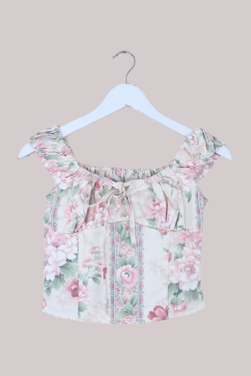 Taylor Vintage Curtain Bustier Crop Top in Petal Pink Garden Walls - Size S