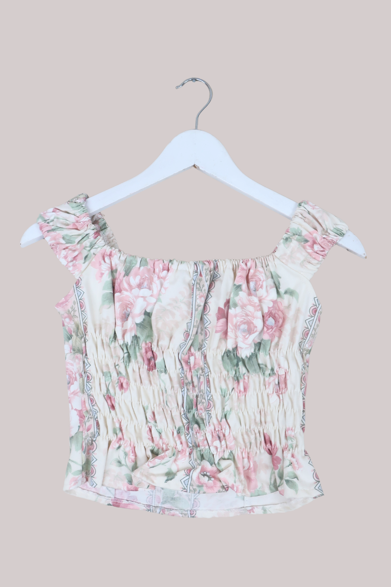 Taylor Vintage Curtain Bustier Crop Top in Petal Pink Garden Walls - Size S