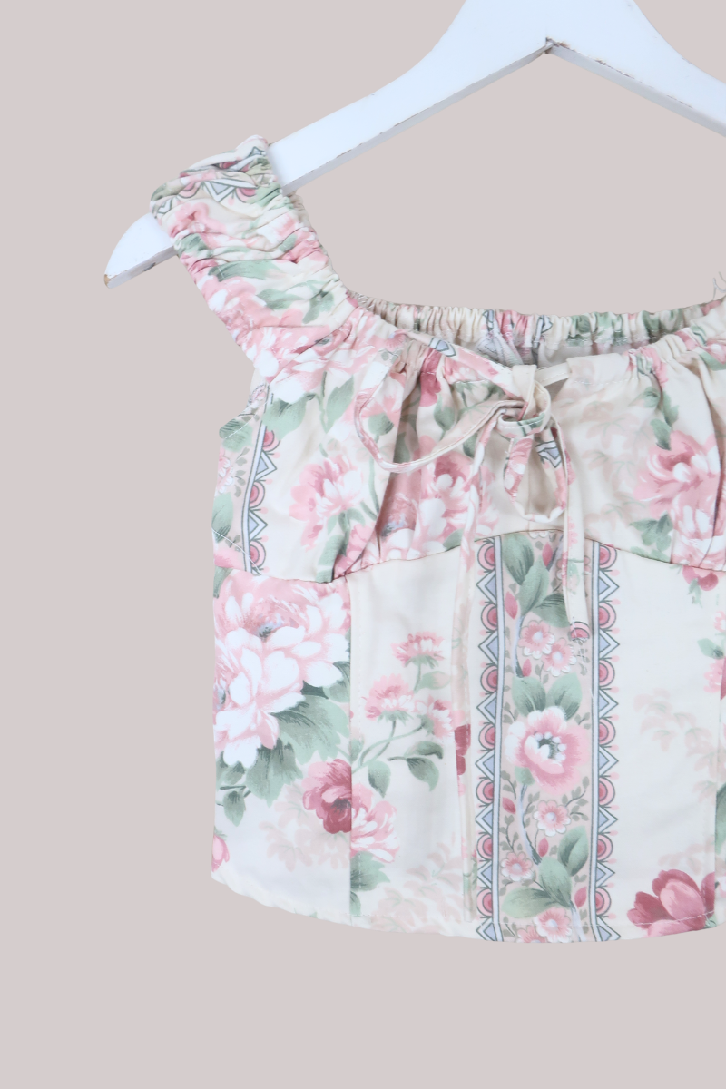 Taylor Vintage Curtain Bustier Crop Top in Petal Pink Garden Walls - Size S