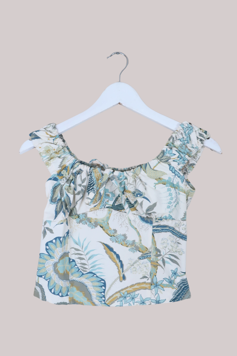 Taylor Vintage Curtain Bustier Crop Top in Peacocking Blue Florals - Size XS