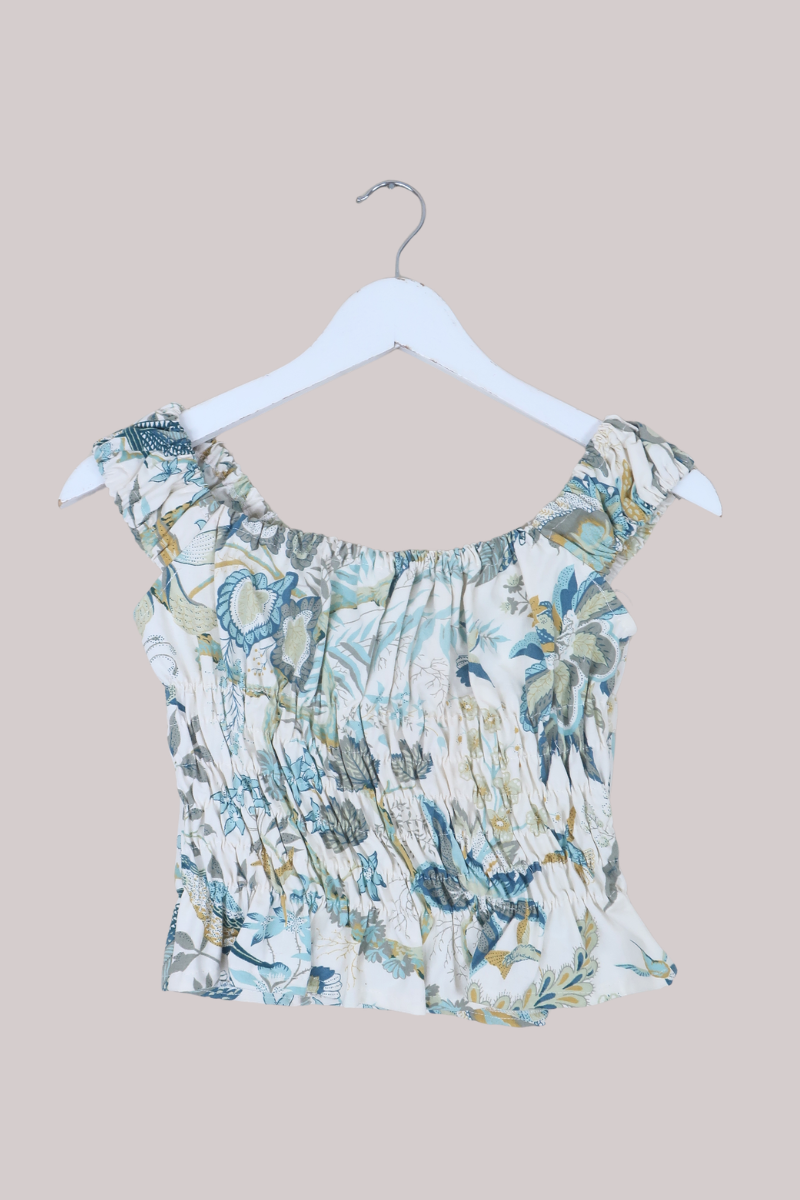 Taylor Vintage Curtain Bustier Crop Top in Peacocking Blue Florals - Size XS