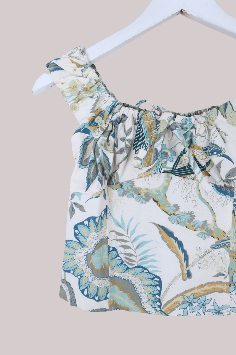 Taylor Vintage Curtain Bustier Crop Top in Peacocking Blue Florals - Size XS