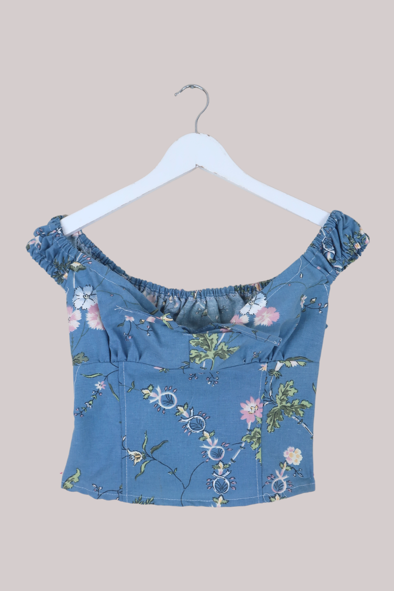 Taylor Vintage Curtain Bustier Crop Top in Slate Blue & Pink Floral - Size XS