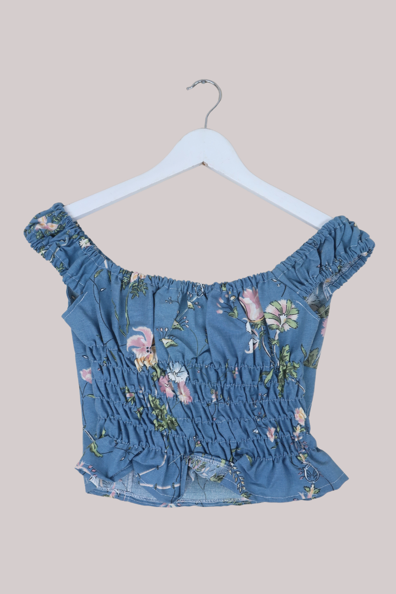 Taylor Vintage Curtain Bustier Crop Top in Slate Blue & Pink Floral - Size XS
