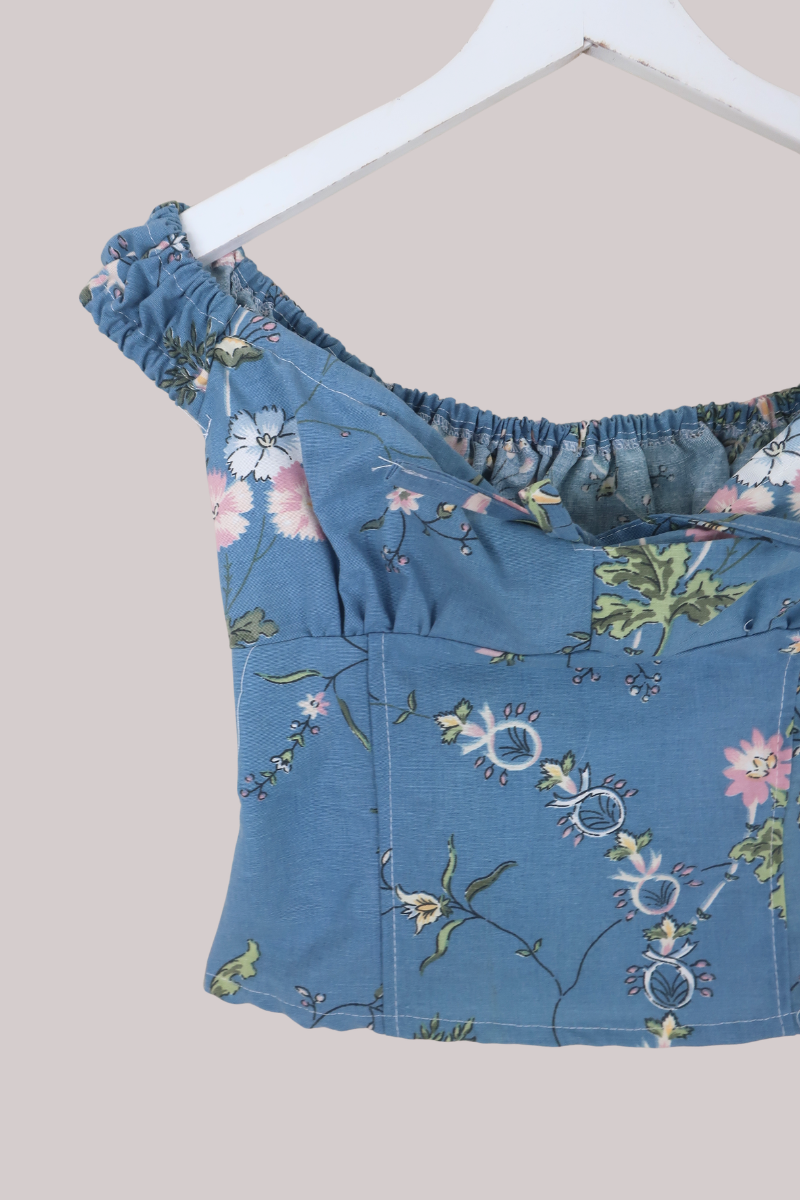 Taylor Vintage Curtain Bustier Crop Top in Slate Blue & Pink Floral - Size XS