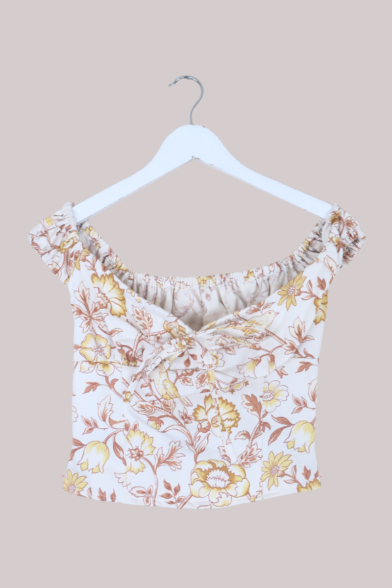 Taylor Vintage Curtain Bustier Crop Top in Canary Yellow Bird Garden - Size S