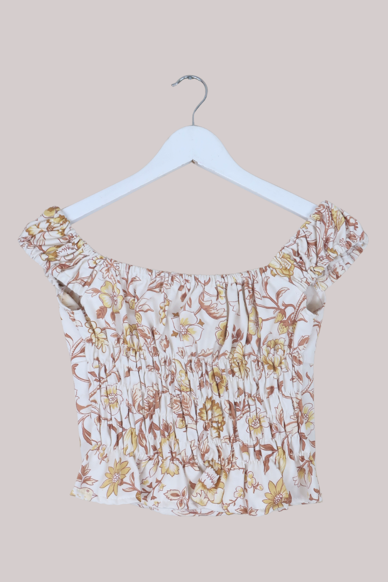 Taylor Vintage Curtain Bustier Crop Top in Canary Yellow Bird Garden - Size S