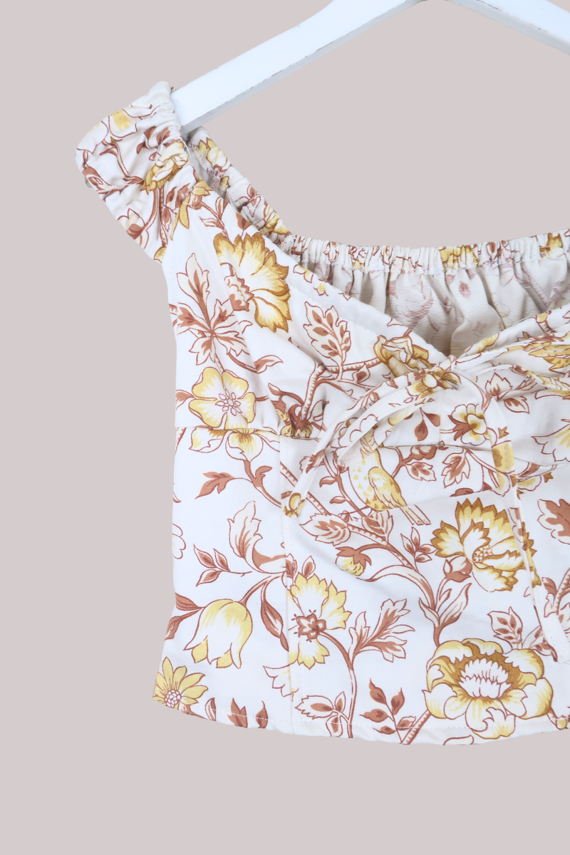 Taylor Vintage Curtain Bustier Crop Top in Canary Yellow Bird Garden - Size S