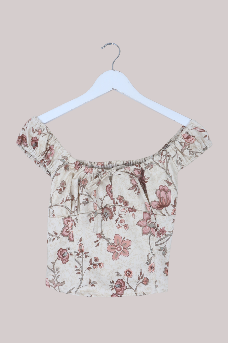 Taylor Vintage Curtain Bustier Crop Top in Rosy Pink Lily Blossom - Size XS