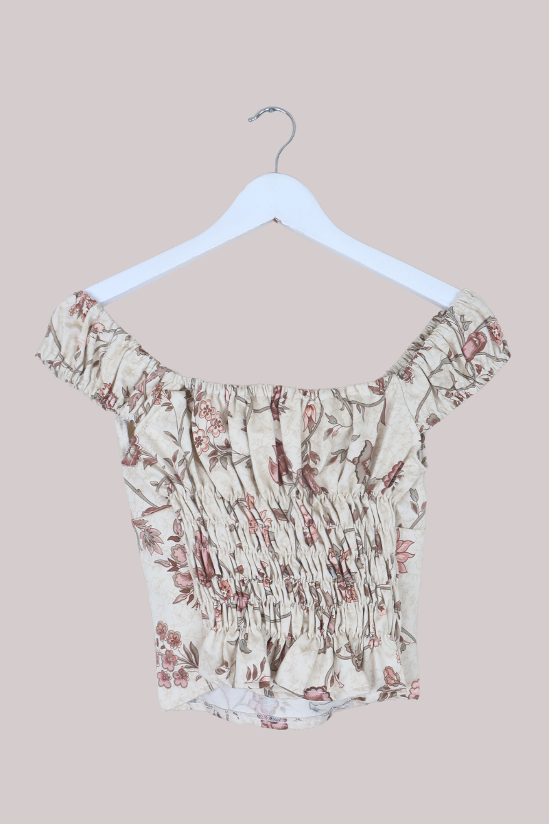 Taylor Vintage Curtain Bustier Crop Top in Rosy Pink Lily Blossom - Size XS