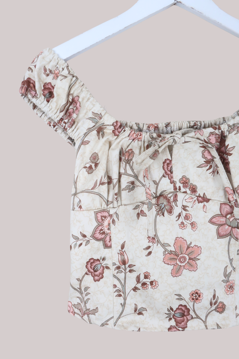 Taylor Vintage Curtain Bustier Crop Top in Rosy Pink Lily Blossom - Size XS