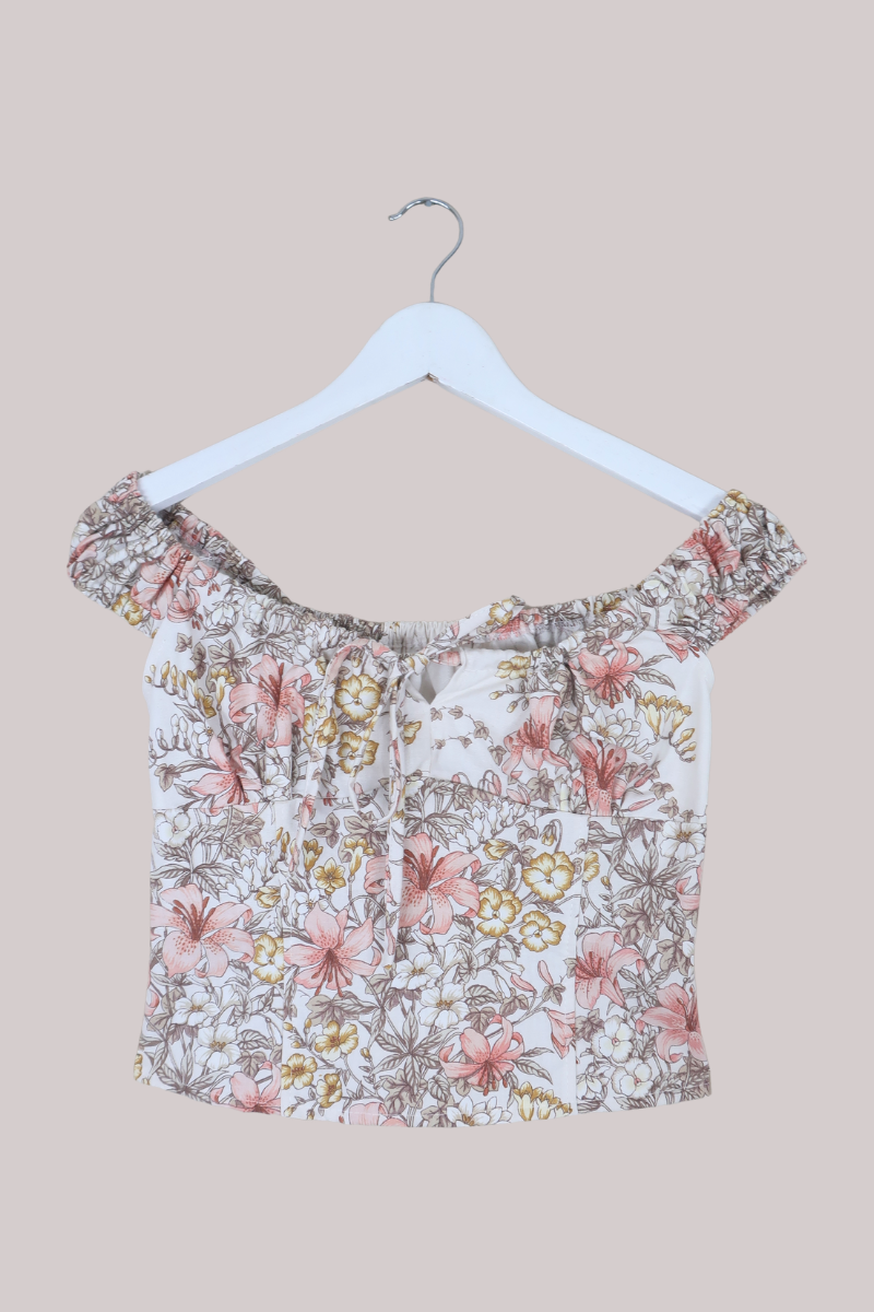 Taylor Vintage Curtain Bustier Crop Top in Pink Cloud Lilies - Size XS
