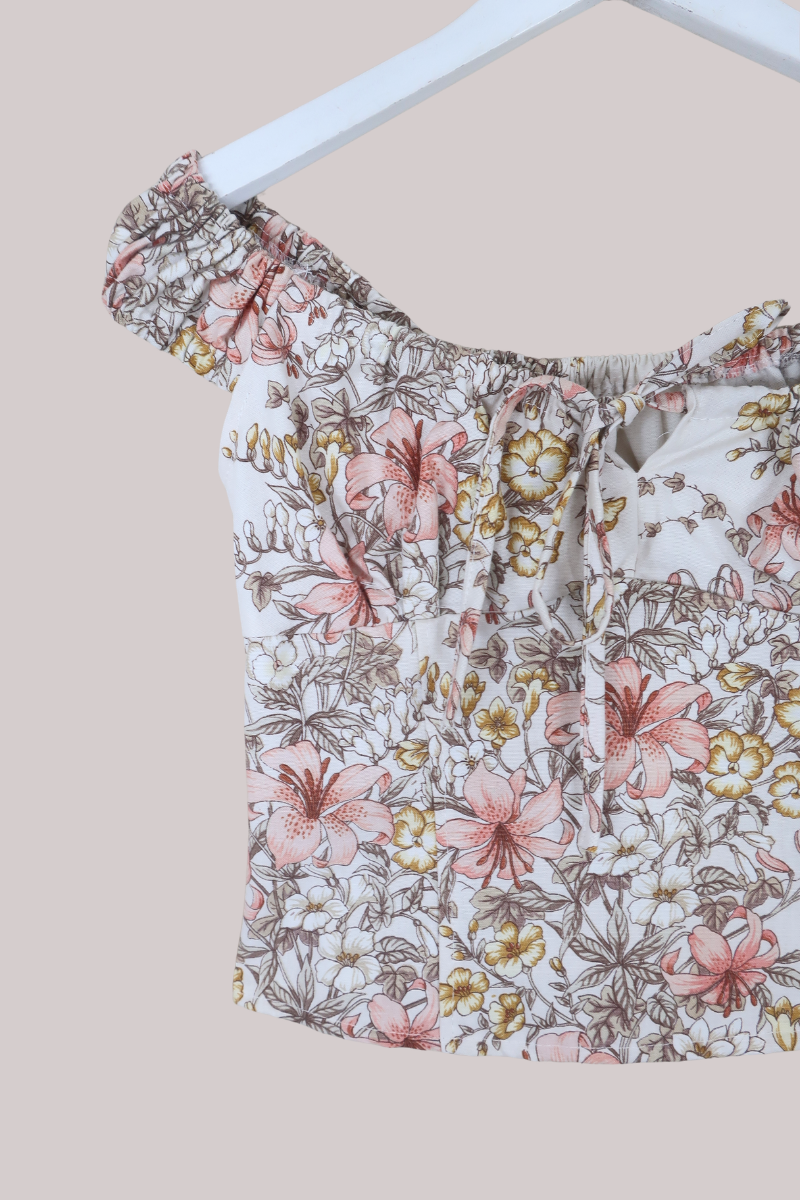 Taylor Vintage Curtain Bustier Crop Top in Pink Cloud Lilies - Size XS