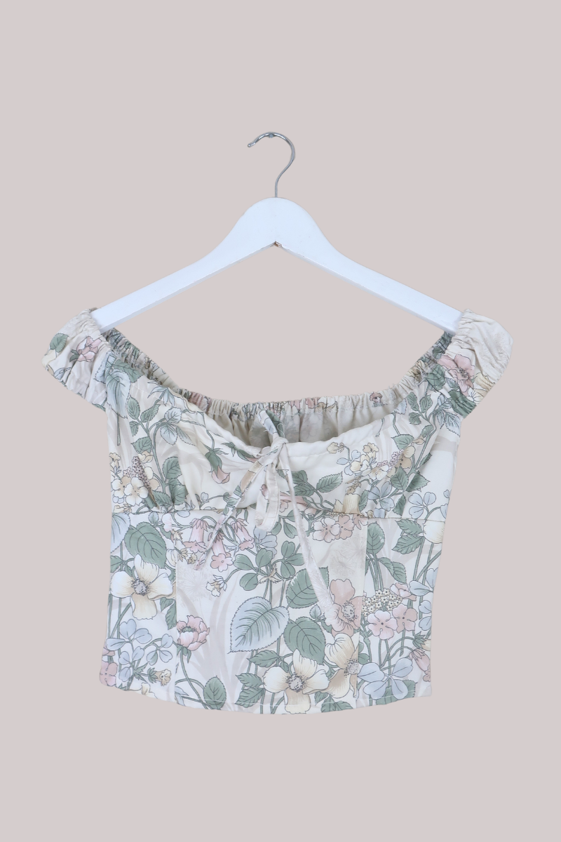 Taylor Vintage Curtain Bustier Crop Top in Muted Fairy Cup Floral - Size XS