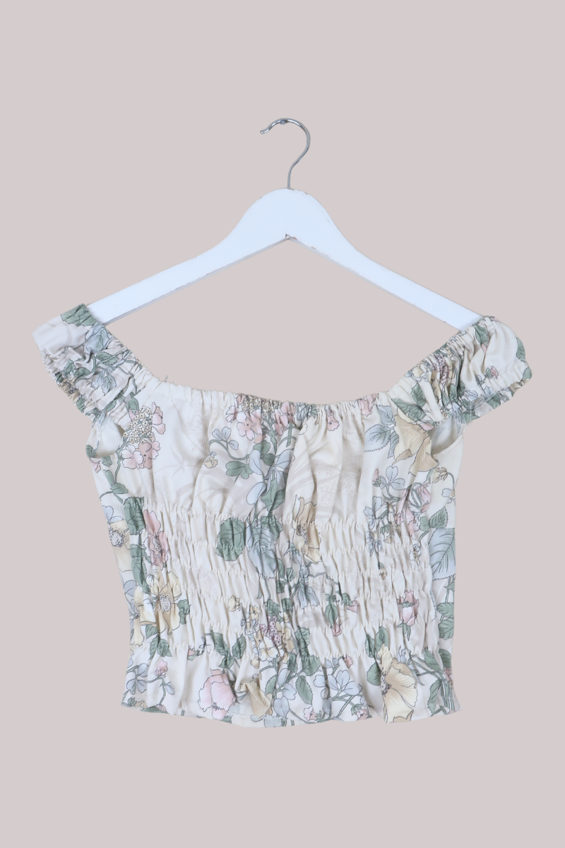 Taylor Vintage Curtain Bustier Crop Top in Muted Fairy Cup Floral - Size XS