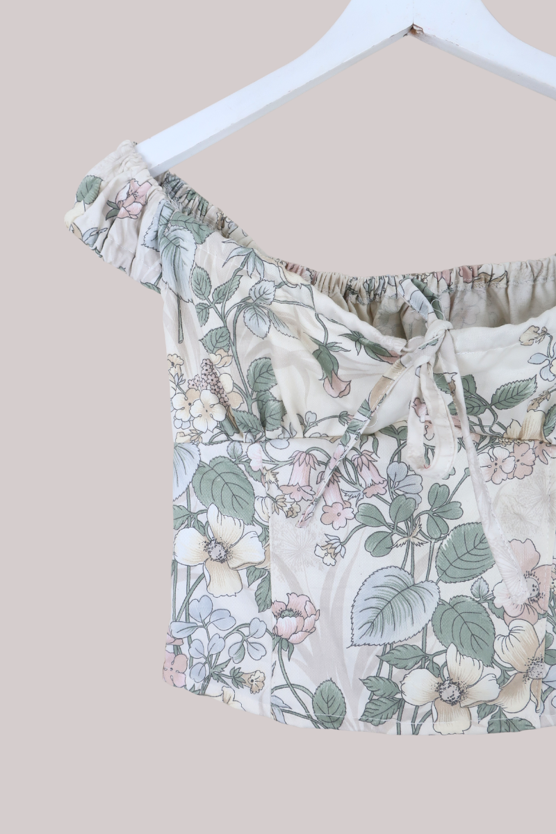Taylor Vintage Curtain Bustier Crop Top in Muted Fairy Cup Floral - Size XS