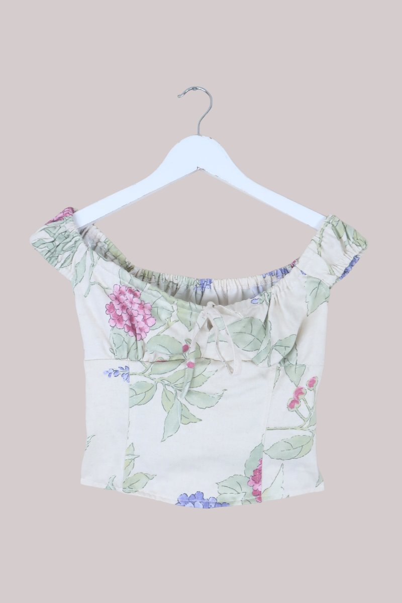 Taylor Vintage Curtain Bustier Crop Top in Antique White Flowering Vines - Size S