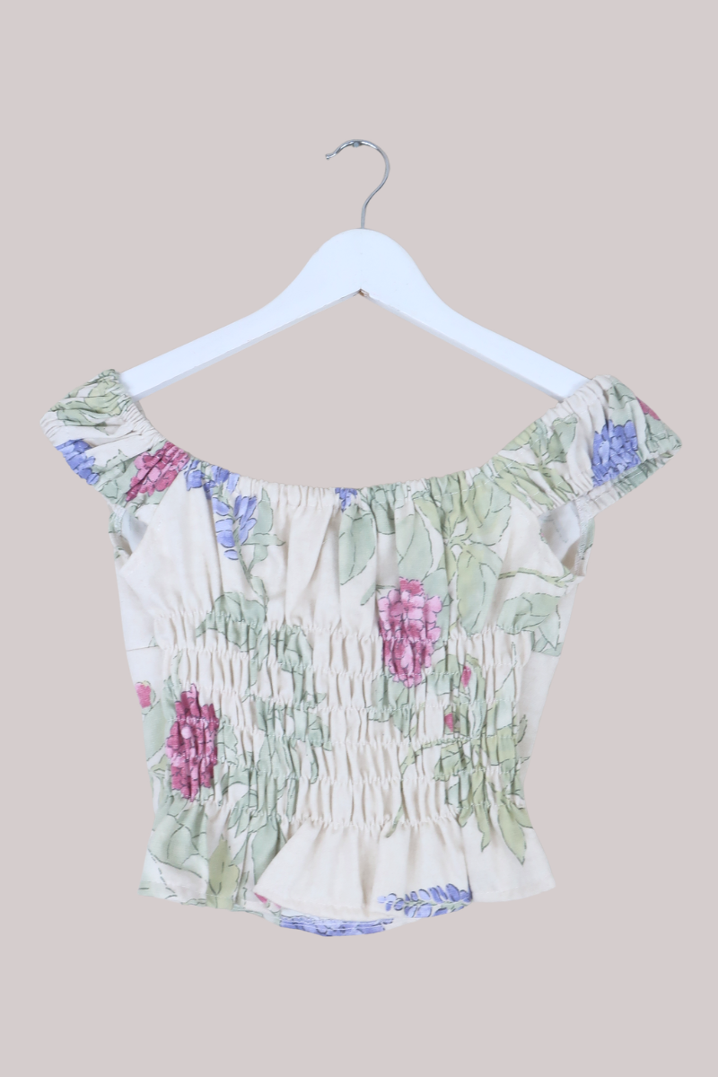 Taylor Vintage Curtain Bustier Crop Top in Antique White Flowering Vines - Size S