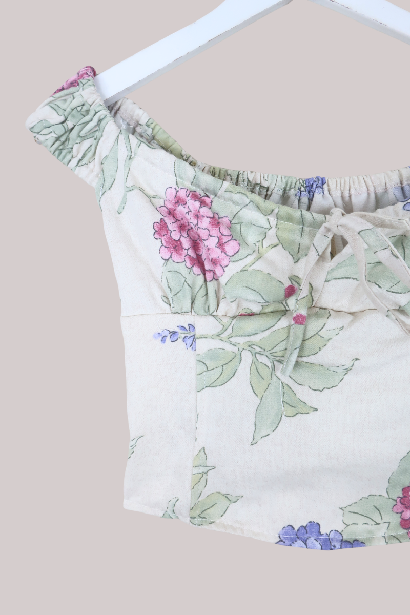 Taylor Vintage Curtain Bustier Crop Top in Antique White Flowering Vines - Size S