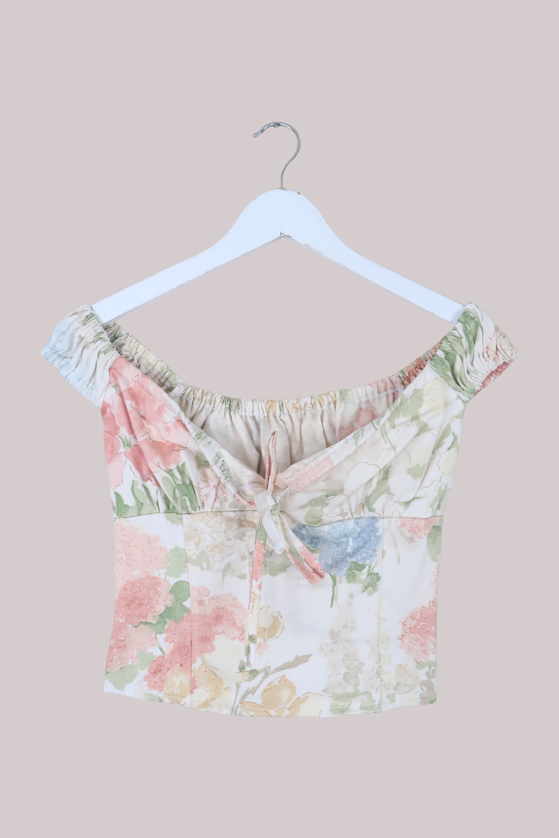 Taylor Vintage Curtain Bustier Crop Top in Pastel Pink Hydrangeas - Size S